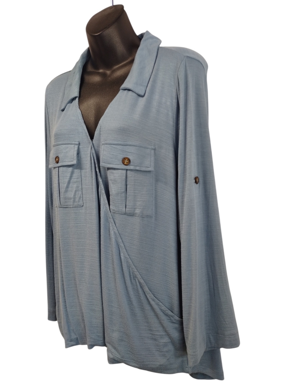 Lara Fashion 1XL Blue Wrap Front Long Sleeve Collared Shirt Blouse Dual Pockets - Picture 3 of 8
